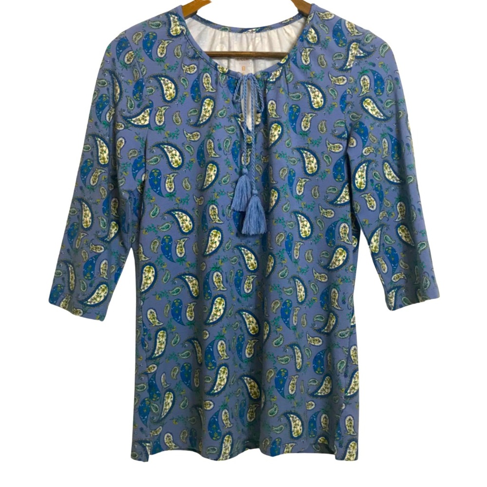Belle by Kim Gravel TripleLuxe Knit Top Blue Paisley Tunic Keyhole Neck Size XS
